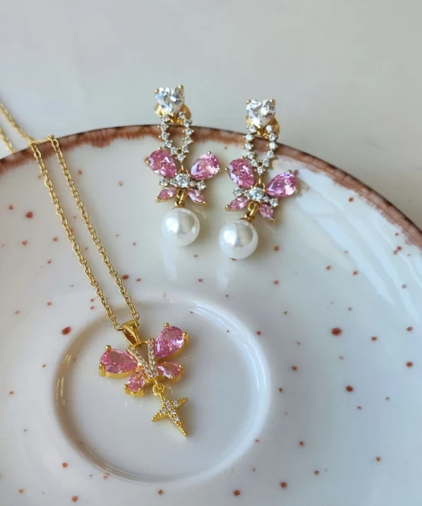 Pembe Taşlı Kelebek Takı Seti